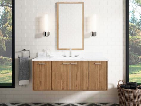 We asked the pros to break it down. Plus: Three trending products and finishes for a killer bathroom makeover. Kohler Vanity, 60 Inch Vanity, Decor And Organization Ideas, Bath Light Fixtures, 60" Vanity, 48" Vanity, Kohler Bathroom, 30 Vanity, Timber Vanity