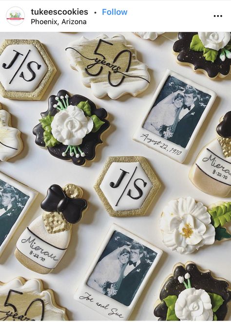 Classy Anniversary Party Ideas, Golden Anniversary Party Ideas, 50th Anniversary Cookies Decorated, 50th Wedding Anniversary Cookies, Anniversary Cookies Decorated, Anniversary Brunch, 50th Anniversary Cookies, Cookie Themes, Anniversary Party Ideas