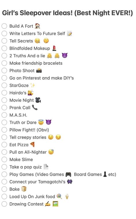 Are you ready to spill secrets, have pillow fights and gossip all nightlong? Well, you better be, because if you use this list, you're going to have the most thrilling night of your life! Things To Do At Night With A Friend, Sleepover Ideas Never Have I Ever, Things To Do When Bored At A Sleepover At Night, Things To Do At A Sleepover In The Morning, Fun Things To Do At A Slumber Party, Things To Do With Your Best Friend At Night, Fun Games Sleepover, Things To Do With Friends At Sleepovers At Night, What To Do On A Sleepover At Night