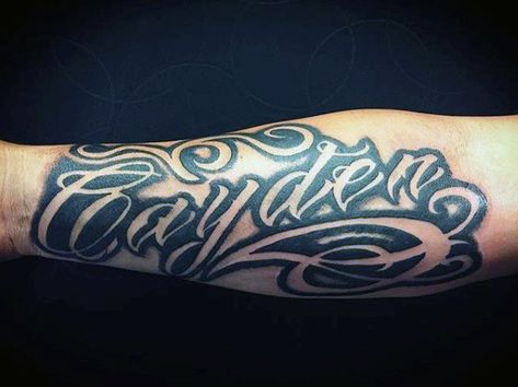 Top 57 Name Tattoo Ideas [2020 Inspiration Guide] Hustle Tattoo Ideas, Tattoos Negative Space, Space Arm Tattoo, Word Design Ideas, Heartbeat Tattoo With Name, Hustle Tattoo, Family Name Tattoos, Name Tattoos On Arm, Negative Space Tattoo