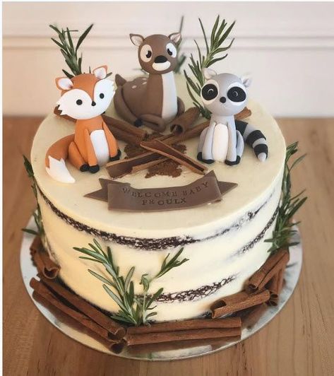 Woodland cake, I will order the fondant creatures from Etsy. Decorated with cinnamon sticks, rosemary sprigs, and some cocoa https://www.etsy.com/listing/965411147/woodland-animal-cake-toppers-fondant Gateau Baby Shower Garcon, Woodland Cakes, Gökkuşaği Pasta, Woodland Theme Cake, Woodland Birthday Cake, Animal Baby Shower Cake, Woodland Creatures Baby Shower, Gateau Baby Shower, Forest Baby Showers