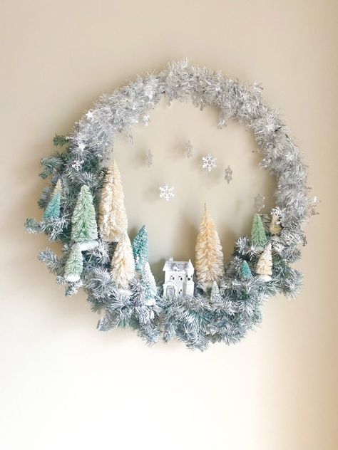 Mini Christmas Scene Diy, Christmas Wreath Decorating Contest, Christmas Wreath Alternatives, Christmas Village Wreath Diy, Wreath Contest Ideas, Easy Holiday Wreaths Diy, Winter Garland Ideas, Christmas Wreath Diy Ideas, Wreath With Houses