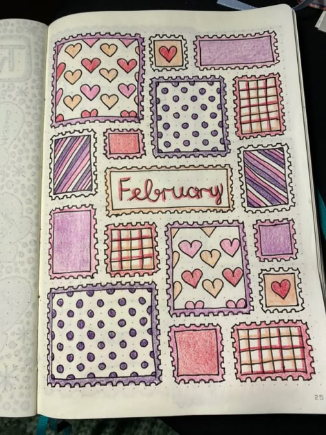 February Book Journal Spread, Doodle Notebook Cover, February Journal Cover Page, Jornal Idea February, February Book Journal, Cover Of Journal Ideas, February Reading Journal, February Journal Page, Cover Page Journal Ideas