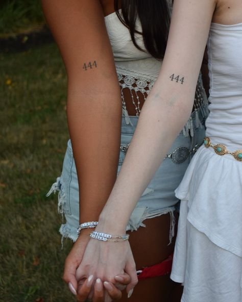 not my first rodeo Matching Writing Tattoos, Matching Tattoos Numbers, 444 Best Friend Tattoo, Meaningful Trio Tattoo Ideas, Tattoo Best Friend Matching, 444 Matching Tattoo, Sorority Tattoo, Little Words Project Bracelets, Best Friend Matching Tattoos