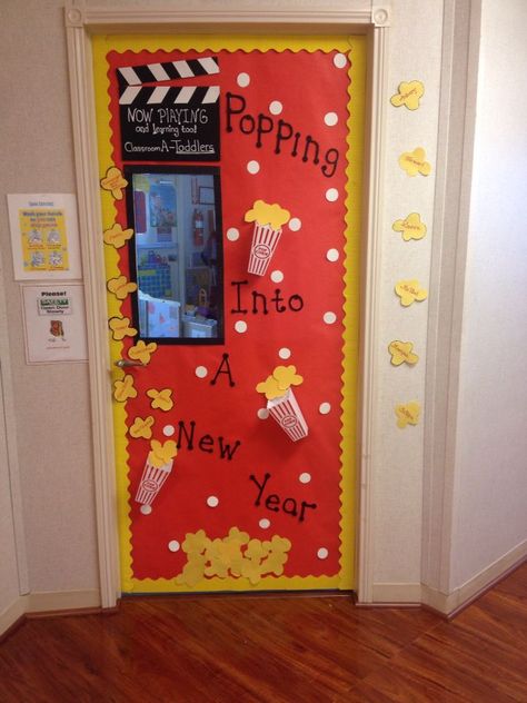 Popcorn classroom door January Holiday Door Decorations For Daycare, Year 2 Classroom Door Ideas, Classroom Door Ideas For January, New Years Preschool Door Ideas, 2024 Classroom Door, January Daycare Door Ideas, Winter Preschool Door Ideas, New Year Door Decorations Classroom, New Year Door Decorations For School