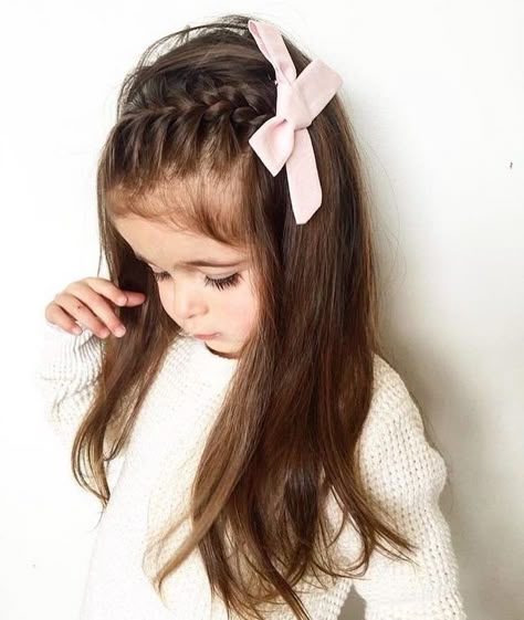 large-pink-bow-braid-white-sweater-easy-braid-hairstyles-brown-wavy-hair Easy Little Girl Hairstyles, Girl Hair Dos, Medium Length Hair Hairstyles, Jackson Browne, Kid Hair, Girl Hair Styles, Toddler Hairstyles, Toddler Hairstyles Girl, Short Hair Hairstyles