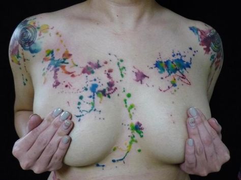 Breast Water Color Abstract Tattoo by Chunkymaymay Tattoo Chest Tattoo Abstract, Paint Splatter Tattoo, Survivor Artwork, Splatter Tattoo, Mastectomy Tattoo, Watercolor Tattoos, Chest Tattoos For Women, Painting Tattoo, Color Abstract