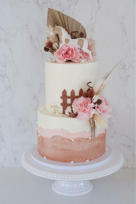 3 Tier Horse Cake, Country Chic Birthday Cake, Pink Horse Cake, Boho Cowgirl Birthday Cake, Horse Cakes Birthday Girl, Rodeo Cake Girl, Horse Theme Birthday Cake, Horse Cakes For Girls Birthday Parties, Western Cakes Birthday For Women