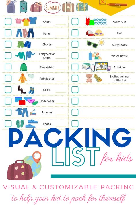 Hey moms. Are you always packing EVERYONE'S suitcase before your trips??? I know... sigh... Help your kids learn to pack their own bag for your upcoming summer trips! Fill in the amount of each item they need, add any extra items, and let them learn to pack with this visual packing list. Add this to your summer bucket list and help yourself in the process. How To Pack A Suitcase For A Family Of 4, Train Trip Packing List, What To Pack For Vacation With Kids, Packing List For Vacation With Kids, Holiday Packing List Kids, How To Pack A Suitcase, Bingo Coloring Pages, Kids Packing List, Packing List Kids