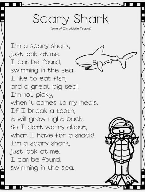 Ocean Prek, Ocean Poem, Ocean Animals Preschool, Scary Shark, Ocean Activities Preschool, Poem For Kids, Animal Songs, Preschool Ocean, Shark Activities