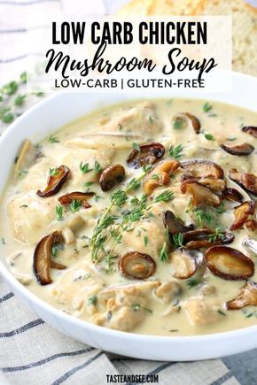 This Low Carb Chicken and Mushroom Soup is a creamy and soul-warming bowl of delicious comfort food.   #ChickenRecipes #ChickenDinner #ChickenSoupRecipe #EasyMeals #EasyDinnerRecipes #TasteAndSee  | With three kinds of cheese, three kinds of mushrooms, and the most tender,  flavorful chicken! Anti Inflamatory Low Carb Soup, Creamy Keto Chicken Soup, Low Carb Healthy Soup, Low Carb Chicken Mushroom Soup, Low Carb Mushroom Soup, Creamy Low Carb Soup, Low Carb Chicken Wild Rice Soup, Low Carb Chicken Soups, Low Carb Rice Recipes