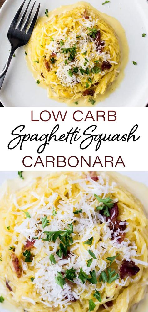 Spaghetti Squash White Sauce, Keto Spaghetti Squash Recipes Low Carb, Spagetti Squash Carbonara Recipes, Keto Dinner Recipes Spaghetti Squash, Spaghetti Squash Recipes Carbonara, Carbonara Spaghetti Squash, Keto Carbonara Recipe, Low Carb Italian Side Dishes, Spaghetti Squash Low Calorie