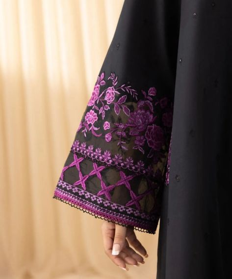 Collection - Sapphire Collection Look festive ready with our three-piece embroidered ensemble in black and pink featuring a cross hatch shirt, cambric pants and a bemberg tissue dupatta. Shirt: Dyed Embroidered Cross Hatch Shirt Front & Sleeves 1.85M Dyed Cross Hatch Shirt Back 1.15M Embroidered Neckline & Pockets 3PC Embroidered Borders 2PC Fabric: Cross Hatch Colour: Black Dupatta: Printed Bemberg Tissue Dupatta 2.5M Fabric: Bemberg Tissue Colour: Black & Pink Trousers: Dyed Cambric Tr... Cambric Fabric Dresses, Experimental Dresses, Tissue Dupatta, Punjabi Dresses, Black Dupatta, Dupatta Design, Kashmiri Embroidery, Fabric Cross, Flower Machine Embroidery Designs