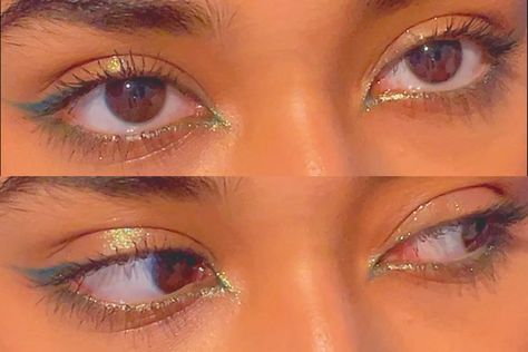 Simple Eyeshadow Colorful, Makeup With Green Dress, Multi Chrome Eyeshadow Looks, Duochrome Eyeliner, Green Chrome Eyeshadow, Chrome Eyeliner, Duochrome Eyeshadow Looks, Green Glossy Eyeshadow, Eye Pallet