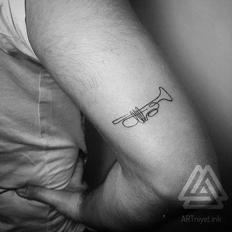 Single line #Trumpet #tattoo #tattoosocial #lineart #continuouslinedrawing #music #istanbul #galata #dovme #muzik #minimal #tinytattoo #arm… Tiny Trumpet Tattoo, Trumpet Tattoo, Glyph Tattoo, One Word Tattoos, One Line Tattoo, Tattoo Time, Literary Tattoos, Music Tattoo Designs, Triangle Tattoos