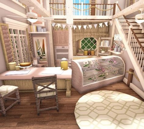 Bloxburg Bakery Interior Ideas, Aesthetic Bloxburg Cafe Layout, Bloxburg Bakery Ideas Exterior, Bloxburg Flower Shop Ideas, Bloxburg House Ideas Cottagecore, Aesthetic Bloxburg Family House, Roblox Building Ideas, Bloxburg Bakery Layout, Bloxburg Greenhouse Ideas