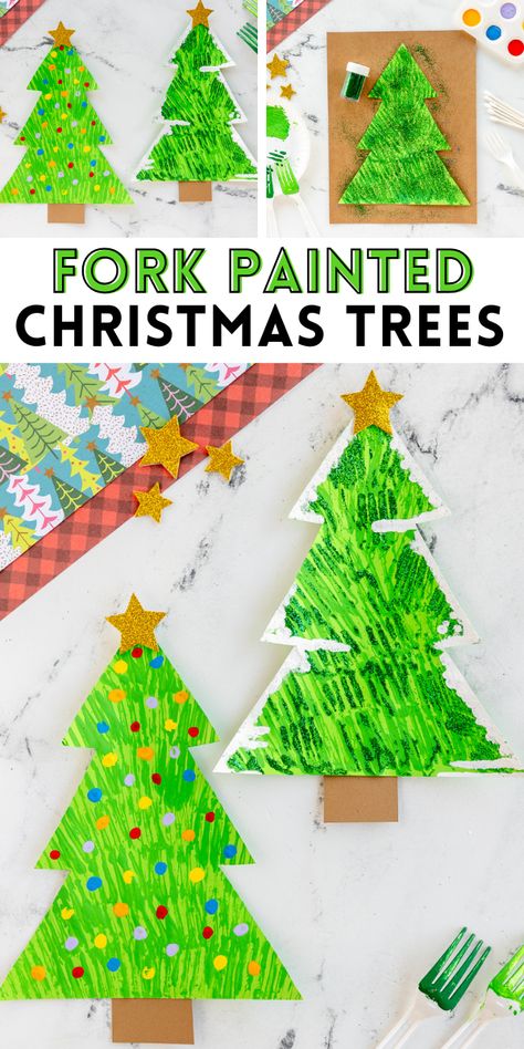 This Fork Painted Christmas Tree is a fun craft for kids of all ages! All you need is some green paint and a plastic fork to get started on this fun holiday craft! Reindeer Christmas Cards, Painted Christmas Tree, Fun Holiday Crafts, Christmas Tree Template, Fun Christmas Activities, Real Christmas Tree, Fun Christmas Crafts, Handprint Craft, Christmas Tree Painting