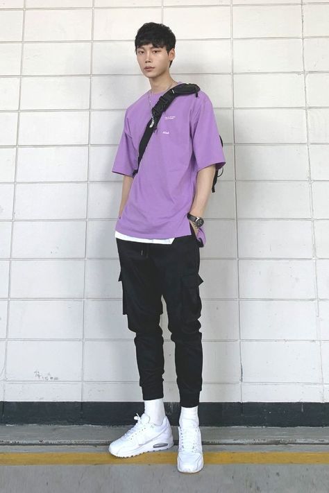 Hiphop Outfit Men, Purple Shirt Outfits, Purple Pants Outfit, Streetwear Outfit Men, Techno Clothes, Fashion Sketches Men, Purple Streetwear, Shirt Outfit Men, Pants Outfit Men