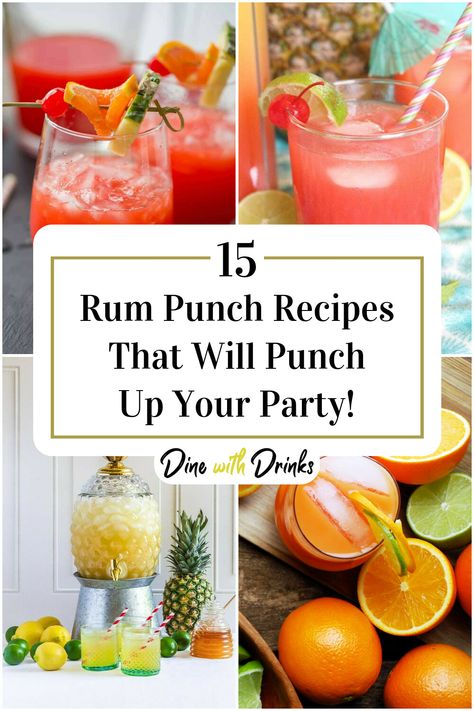 Collage of 4 rum punch recipes. Rum Punch Drink, Coconut Rum Punches, Bartender Recipes, Alcoholic Punch Recipes, Summer Punch, Rum Punch Recipes, Gold Rum, Party Punch Recipes, Alcoholic Punch