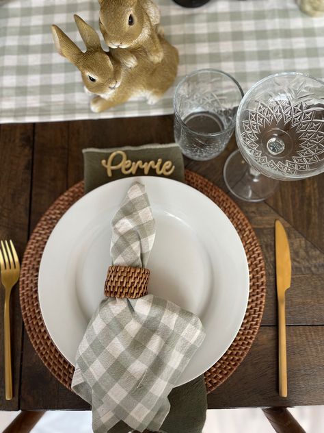 Green Gingham napkins and runner #easterstyling #easterdecorations #eastertablescape #interiorsbyPerrieDesigns Easter Styling, Gingham Napkins, Gingham Linen, Easter Tablescapes, Green Gingham, Champagne Buckets, Easter Decorations, Table Setting, Tablescapes