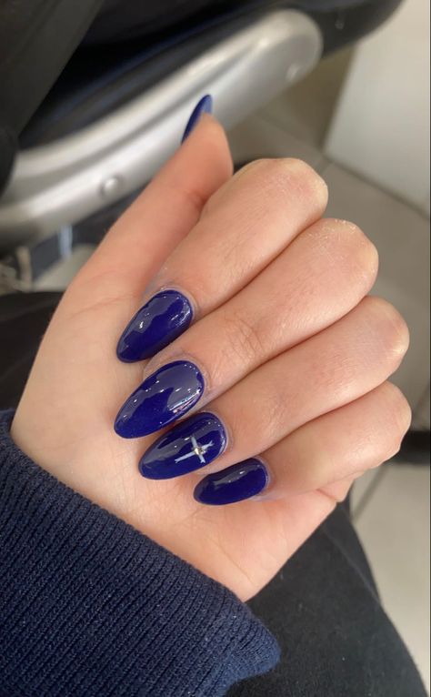 Navy Blue Nails With Initials, Navy Blue Acyrilics Nails, Blue Cross Nails, Navy And White Nails, Light Blue Nails With Dark Blue Heart, Dark Blue With Stars Nails, Volleyball Nails, Dark Blue Nails, Cross Nails