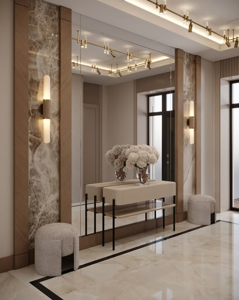 Entrance With Mirror Wall, Living Room Entrance Design, Mirrored Entrance Hall, Luxurious Home Entrance, Entrance Hall Ideas Mirror, Luxury Hallway Ideas, Entrance Hall Mirror Ideas, Hallway Ideas Luxury, Entryway Feature Wall Ideas