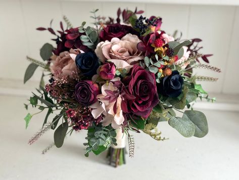 November Wedding Flowers Bridal Bouquets, Dusky Pink Wedding Flowers, Peony Wedding Flowers, Blue And Burgundy Wedding, Viburnum Berries, Navy Wedding Bouquet, Red Rose Bouquet Wedding, Navy Blush Weddings, Wedding Bouquet Artificial