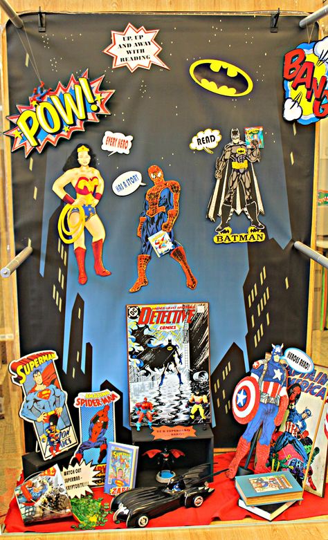 Book Display  Superhero theme Comics  Graphic Novels Graphic Novel Display, Comic Book Display, Reading Cafe, Library Decorations, Reading Display, Teen Library, Reading Month, Library Themes, Library Book Displays