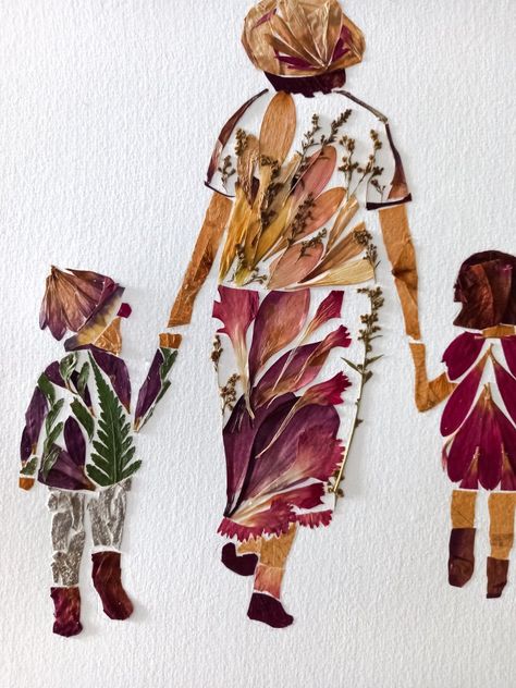 Grandma w/ Grandkids × Pressed Flower Art Flower Art With Real Flowers, Pressed Flower Animal Art, Pressed Flower Portrait, Painting With Pressed Flowers, Pressed Flower Mixed Media, Projects With Pressed Flowers, Art Using Real Flowers, Dried Flower Artwork, Pressed Flower Painting