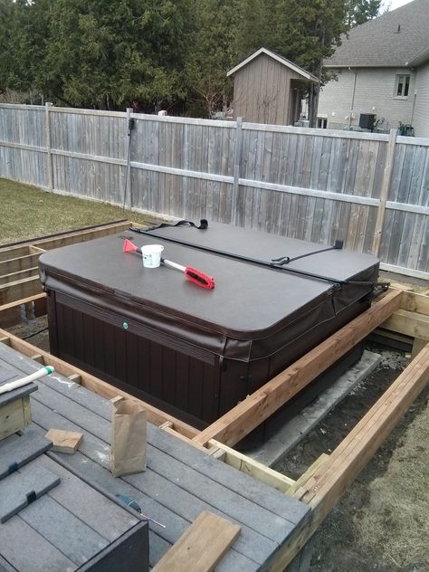 Hot Tub Off Deck, Deck Update, Hot Tub Deck Design, Airbnb Cabin, Hot Tub Privacy, Alfresco Decking, Sunken Hot Tub, Tub Deck, Hot Tub Landscaping