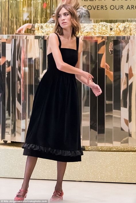 Style queen: Alexa Chung, 32,  celebrated the launch of her winter Archive By Alexa collection with Marks and Spencer at the high street favourite's Marble Arch store in London on Tuesday Alexa Chung Dress, Black Pinafore, London October, Harajuku Girl, Alexa Chung Style, Charlotte Rampling, Parisienne Chic, Evening Skirts, Casual Outfit Inspiration