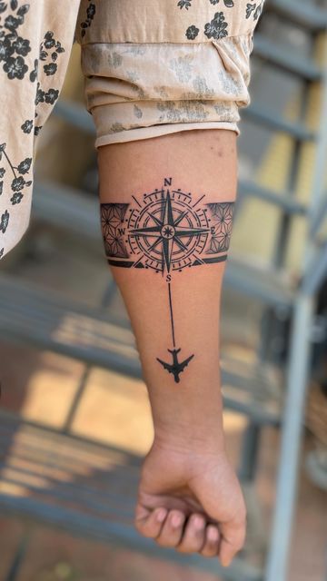 Band Tattoo For Man, Mens Tattoos Ideas Forearm Unique, Compass Arm Band Tattoo, Compass Band Tattoo, Arm Band Tattoo Designs For Men, Arms Tattoo Men, Hand Band Tattoo For Men, Forearm Band Tattoos Men, Band Tattoo For Men