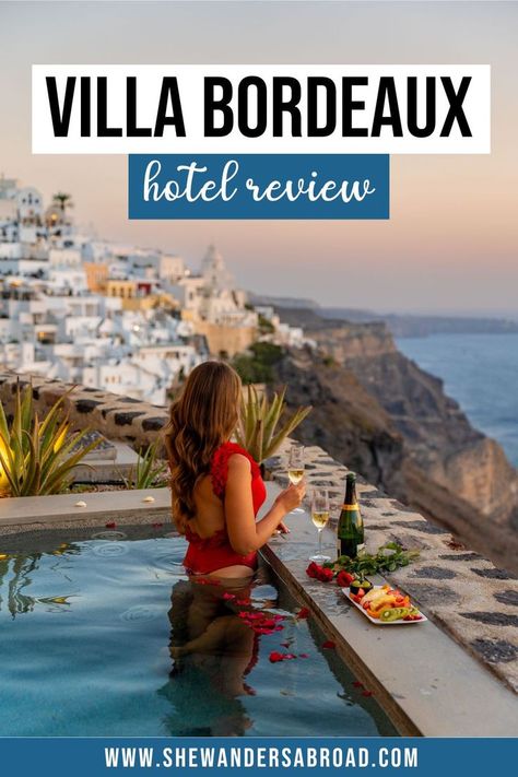 Looking for the most romantic hotel in Santorini with stunning caldera views? Then you have to take a look at Villa Bordeaux! Here's my review of the hotel. | Santorini travel guide | Santorini travel tips | Where to stay in Santorini | Santorini hotels private pool | Santorini hotels caldera view | Santorini hotel room | Santorini luxury hotels | Romantic Santorini honeymoon hotel | Santorini honeymoon romantic places | Best luxury hotels in Santorini Where To Stay In Santorini, Santorini Honeymoon, Santorini Travel Guide, Honeymoon Hotel, Greek Travel, Pack Up And Go, Santorini Hotels, Santorini Travel, Honeymoon Hotels