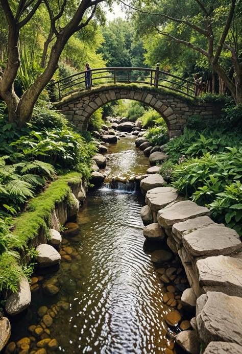 Waterfall In Backyard, Large Pond Landscaping, Garden With Stream, Diy Stream, Backyard Creek, Stream Garden, Fluffy Stool, Stream Nature, Stream With Bridge