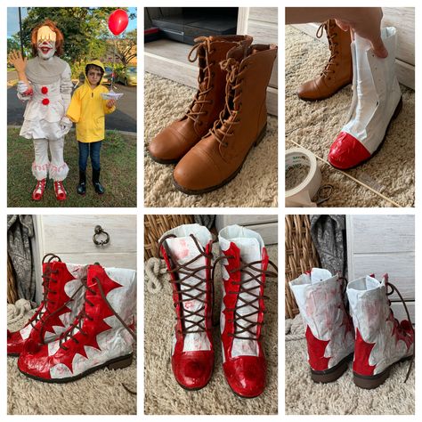 Pennywise costume boots are really expensive so I decided to make my own. I used duct tape to tape the boot and watered acrylic paint to age the boot and add blood! Won’t last forever but great for Halloween! Women Pennywise Costume, Pennywise Girl Costume, Diy Pennywise Costume, Pennywise Outfit, Pennywise Costume For Kids, Pennywise Party, Pennywise Wig, Clown Diy, Electrolytes Nursing