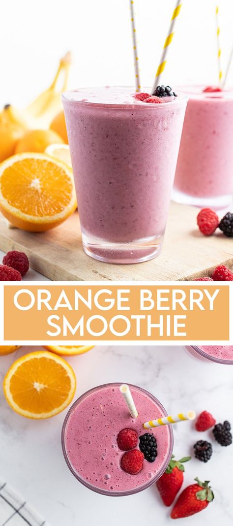 This orange berry smoothie is so fresh and sweet, loaded with orange juice, frozen berries, and yogurt. It's a great way to start the day, and the new year! High Protein Smoothie Recipes, Bowls Ideas, Orange Juice Smoothie, Frozen Fruit Recipes, Orange Smoothie Recipes, Bullet Recipes, Nutri Bullet, Frozen Fruit Smoothie, Smoothie Recipes With Yogurt