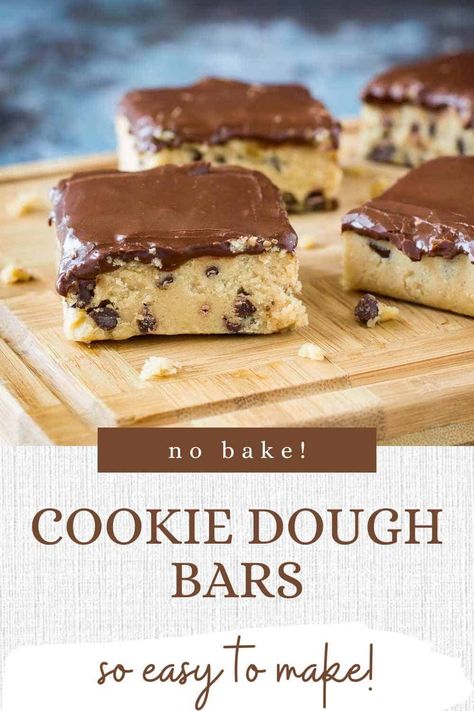 These tasty and safe-to-eat No Bake Cookie Dough Bars come with a decadent chocolate glaze! They’re so easy to make and perfect for preparing ahead and freezing for later. You’ll love this take on no bake cookie dough that’s ideal for when you don’t want to turn on the oven to make cookies. Excellent as a sweet snack or dessert! #nobakecookiedoughbars #nobakecookiedough #ediblecookiedough #ediblecookiedoughrecipe #ediblechocolatechipcookiedough #dizzybusyandhungry No Bake Cookie Bars Easy Recipes, Freezer Friendly Desserts, No Bake Chocolate Chip Cookies, No Bake Cookie Bars, No Bake Cookie Dough Bars, Bake Chocolate Chip Cookies, Health Dessert Recipes, Refrigerated Desserts, Edible Chocolate Chip Cookie Dough