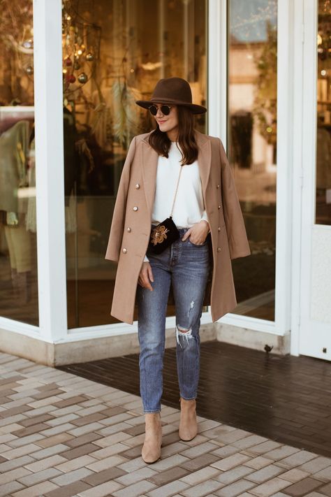 Camel Coat, White Sweater + Talking About Shopping Less Beige Ankle Boots Outfit Winter, Beige Booties Outfit Winter, Neutral Ankle Boots Outfit, Beige Suede Ankle Boots Outfit, Neutral Boots Outfit, Beige Boot Outfit, Camel Boots Outfit Winter, Outfit With Beige Boots, Beige Boots Outfit Winter Style