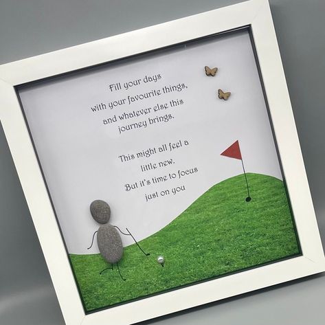 Retirement gift for him, Golf retirement gift, Good luck, Thank you, Framed pebble art picture, wall art, home decor Beautiful handmade retirement thank you gift, pebble art is the perfect home decor for any home and looks fabulous in any room. Love this item but want something similar for a female, take a look at this item in my etsy shop on link below. https://www.etsy.com/uk/listing/1063210792 ⭐Frame has glass frontage ⭐Frame measures 9x9 inches square ⭐Frame hangs on a wall or stands on any Art Picture Wall, Picture Wall Art, Cardboard Gift Boxes, Personalised Frames, Picture Gifts, Cricut Craft Room, Retirement Gift, Gifts For Grandparents, Framed Gifts