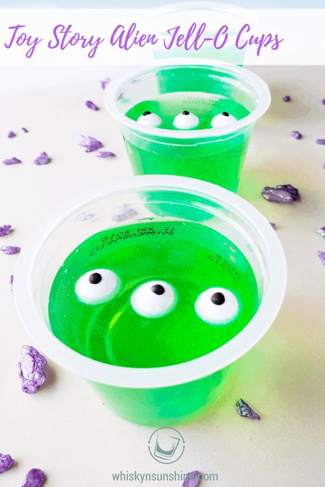 Toy Story Alien Jell-O Cups | Toy Story recipe | Toy Story 4 | #ToyStory4 | Disney recipe Toy Story Themed Cocktails, Toy Story Recipes, Toy Story Cocktails, Toy Story Movie Night Food, Toy Story Drinks, Toy Story Dessert Ideas, Toy Story Snacks, Toy Story Snack Ideas, Toy Story Desserts