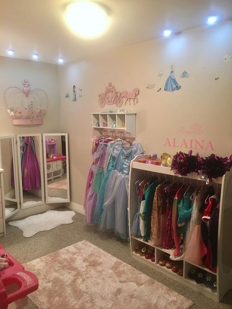 Designed and decorated by my girl and myself. Dress Up Organization Ideas, Disney Princess Room Ideas Toddler, Girls Dress Up Station, Preschool Girl Bedroom, Princess Dress Up Station, Diy Dress Up Station, Diy Princess Room, Disney Girls Room, Disney Princess Room