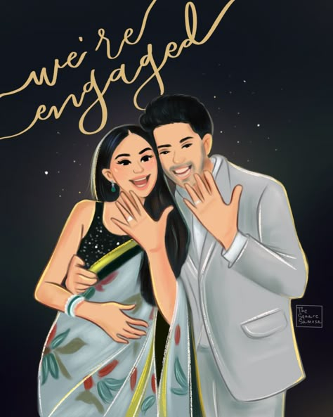 Proposal engagement cute couple pose illustration Indian Couple Illustration Engagement, Engagement Illustration Art, Engagement Story Ideas, Engagement Caricature, Engagement Illustration, Engagement Mehendi, Engagement Portraits Poses, Groom Cartoon, Bride And Groom Cartoon