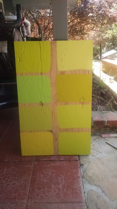 From left to right, top to bottom the colors are:Benjamin Moore Yew GreenBenjamin Moore ChamomileDunn Edwards Citrus Leaf (I wanted to try something a little more green but I hated this the second it went on the plywood)Benjamin Moore ChartreuseSherwin Williams Hep GreenBenjamin Moore Exotic LimeBenjamin Moore CitronBenjamin Moore Eccentric Lime Chartreuse Benjamin Moore, Benjamin Moore Chartreuse, Front Door Color, Garage Door Paint, Green Front Doors, Blue Front Door, Orange Door, Front Door Paint Colors, Door Colors