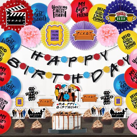 PRICES MAY VARY. FRIENDS TV SHOW BIRTHDAY DECORATIONS INCLUDES - 1 x HAPPY BIRTHDAY banner, 1 x HAPPY BIRTHDAY cake topper, 10 x cupcake toppers, 4 x paper fans, 2 x tissue paper pom poms, 4 x Friends themed cutouts, 12 x printed latex balloons, 2 x glue dots and white ribbon. PERFECT DECOR - Whether you’re planning a surprise birthday party for a loved one or you want your own birthday to be a statement of your favorite tv show, these friends theme party are exactly what you need! WELL-DESIGNED Friends Themed Party Decoration, Friends Tv Show Birthday, Friends Themed Party, Tissue Paper Pom Poms, Paper Pom Poms, Birthday Banners, Tissue Paper Flowers, Happy Birthday Cake Topper, Birthday Surprise Party