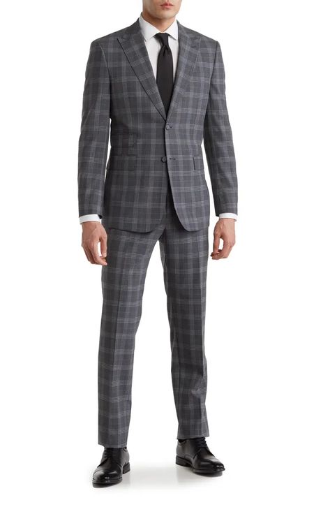 English Laundry Plaid Two Button Peak Lapel Wool Blend Trim Fit Suit | Nordstromrack Clue Costume, Plaid Suit Men, Lapel Jacket, Clean Slate, Plaid Suit, Suits For Sale, Grey Plaid, Peak Lapel, Men’s Suits