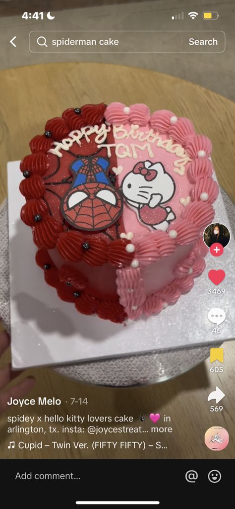 Cute Birthday Cakes Hello Kitty, Birthday Cake Ideas Hello Kitty, Spider Man And Hello Kitty Birthday Party, Spider Man And Hello Kitty Birthday, Spider Man Heart Cake, Spiderman And Hello Kitty Birthday Party, Hello Kitty 14th Birthday Cake, Spider Man Hello Kitty Cake, Hello Kitty And Spiderman Birthday