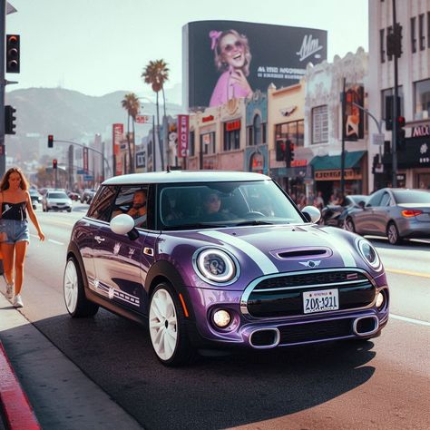 A sleek Mini Cooper, sporting vibrant purple paint with bold white racing stripes, zips down the bustling Hollywood Boulevard under the clear, sunny sky. The sunlight reflects off its glossy surface as it weaves through the iconic street, capturing the attention of onlookers amidst the lively energy of the city. Purple Mini Cooper, Mini Cooper Stripes, Sunny Sky, Hollywood Boulevard, Purple Paint, Racing Stripes, Vibrant Purple, Mini Cooper, Car Design