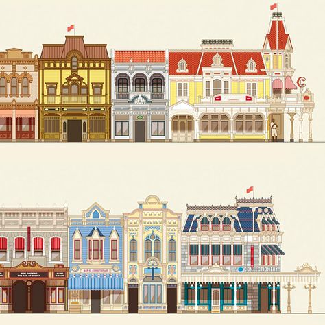 Disney Miniatures, Toontown Disney, Disneyland Illustration, Disney Buildings, Disney Main Street, Main Street Disney, Street Drawing, Disneyland Map, Disneyland Main Street