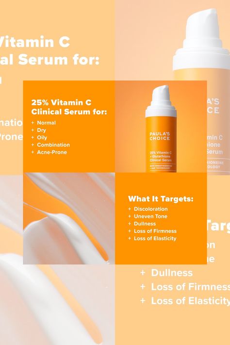 25% VITAMIN C: Highly stable blend of oil- and water-soluble vitamin C protects skin from free radicals & releases slowly into the skin, helping it be more resilient to UV exposure.
GLUTATHIONE & GAP TECHNOLOGY: Powerhouse antioxidant corrects sun damage & brightens discolouration while GAP technology helps skin recycle its own vitamin C & E.
CORRECT ADVANCED CONCERNS: Improves discoloration, uneven tone & radiance while pro-collagen formula visibly firms & supports elasticity. Vision Board Images, Paula's Choice, Vitamin C Serum, Fragrance Free, Paraben Free, Fragrance Free Products, Vitamin C, Paraben Free Products, Beauty And Personal Care