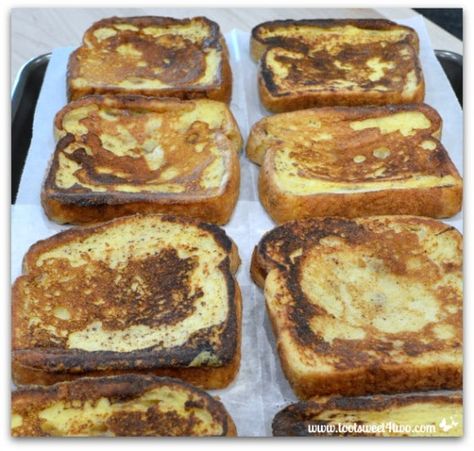 Make-Ahead Big Batch Freezer French Toast - Toot Sweet 4 Two Large Batch French Toast, Freezer French Toast Sticks, Freezer French Toast, French Toast For One, 3 Ingredient Biscuit Recipe, Easy Vacation Meals, Make Ahead French Toast, French Toast Sandwich, French Bread French Toast